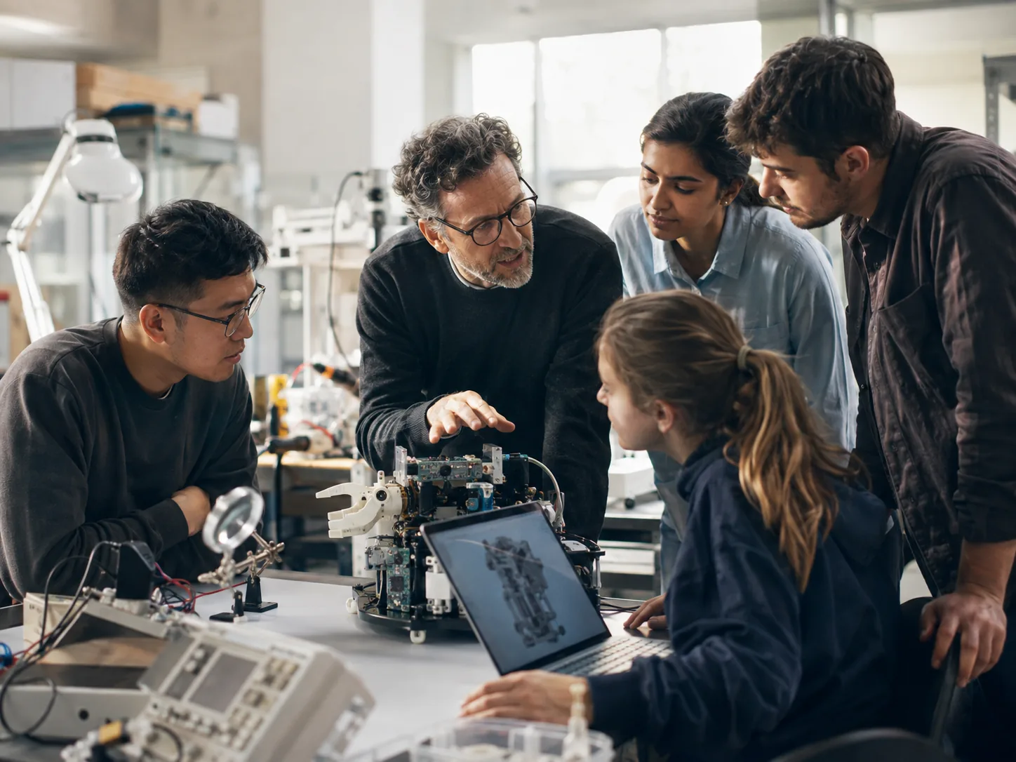 Research team reviewing an engineered system in a university laboratory